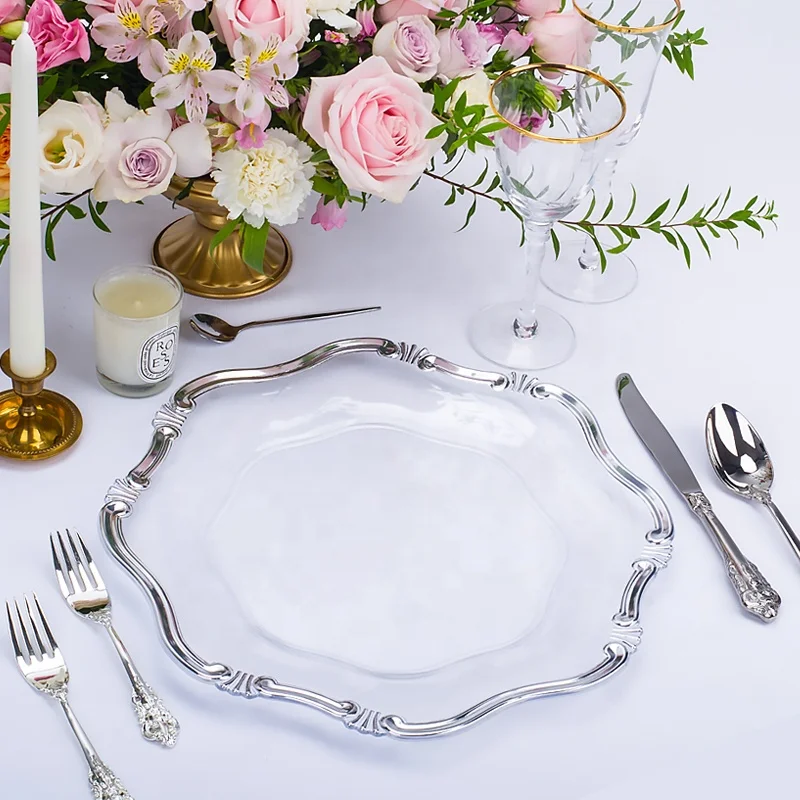 13 inch elegant wholesale acrylic plastic clear silver charger plates wedding decoration gold rim cheap plate chargers wholesale