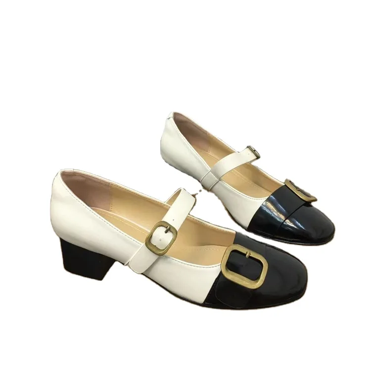 Mary Jane shoes female French square toe retro high heels fairy style small leather shoes thick heel single shoes