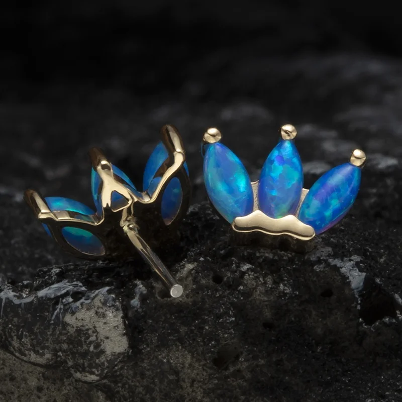 Giometal Wholesale 14k Solid Gold Triple Opal Marquise Top Body Jewelry Female Threadless Piercing Earrings Conch Daith