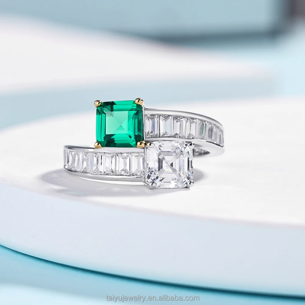 TY Open Ring Zirconia CZ Elegance 925 Sterling Silver for Women Rectangle Stone Pagoda Green Cusp Crystal Adjustable Open Ring