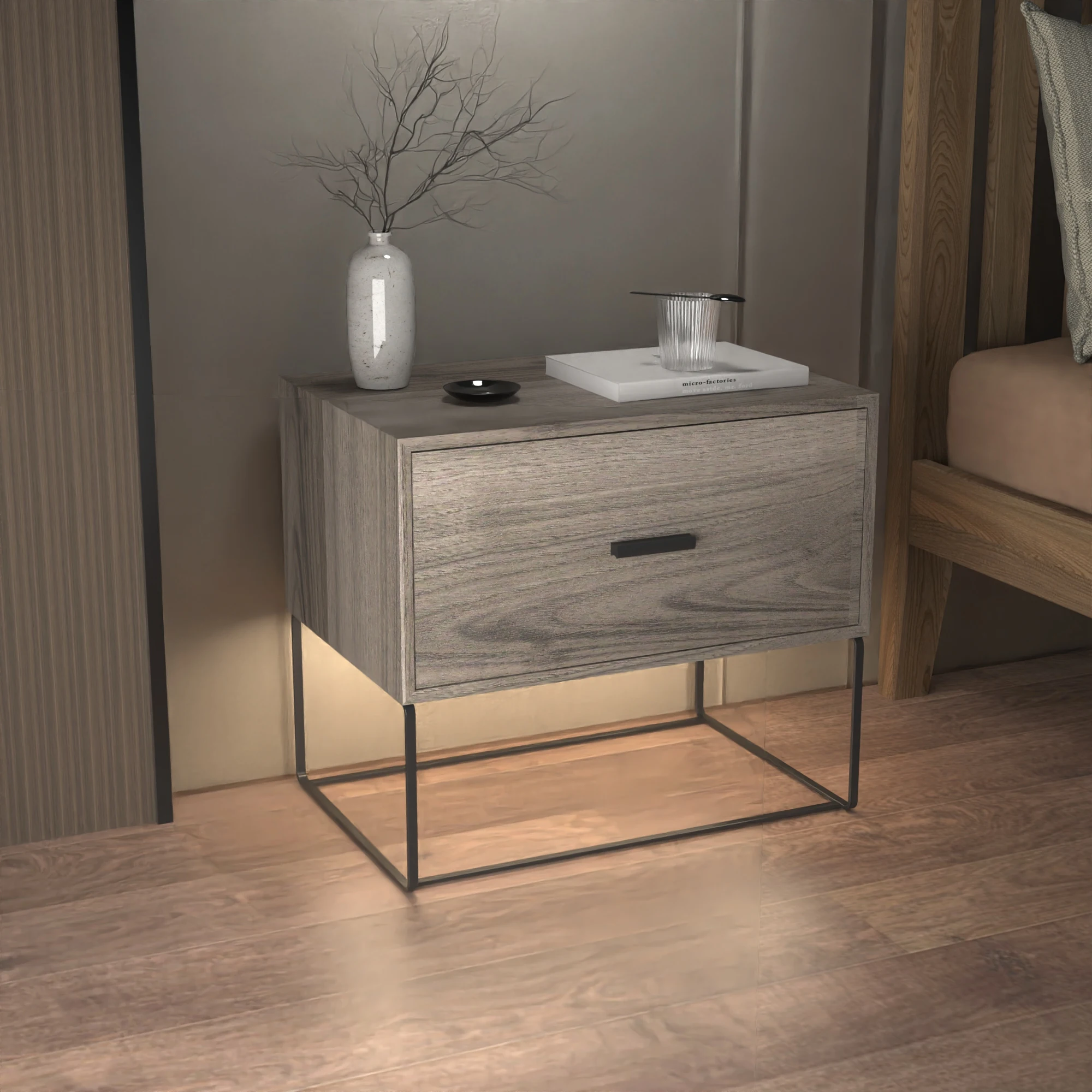 Custom wooden bedroom furniture bedside cabinet walnut nightstand bedside table with led lights