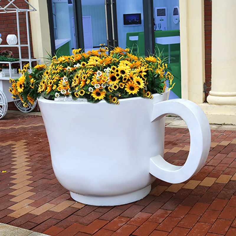 H308 Fiberglass Coffee cup flowerpt big size cup shape flower tea shaped flower pot decoration