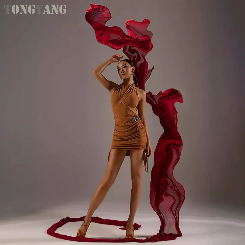 TONGYANG Halter Neck Latin Dance Dress Adult Latin Dance Wear Summer Black Brown Practice Dress Rumba Samba Salsa Dance Clothes