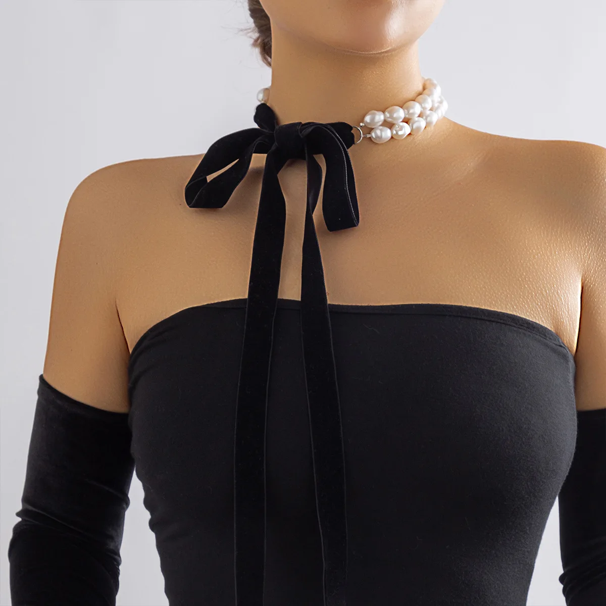 Vintage Long Bow Collarbone Chain Choker DIY Lace Velvet Pearl Necklace for Women
