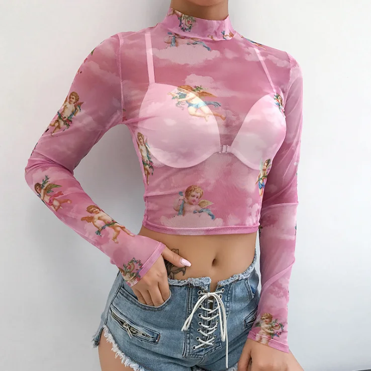 
Wholesale Angel Print Black Mesh Crop Top Long Sleeve T-shirt Sexy Womens Streetwear Tops 