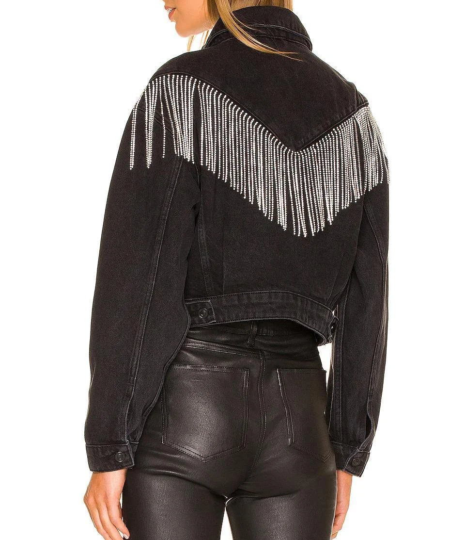 Bulk Wholesale Women Designer Jackets Rhinestone Fringe Tassel Formal Jean Jacket with Logo