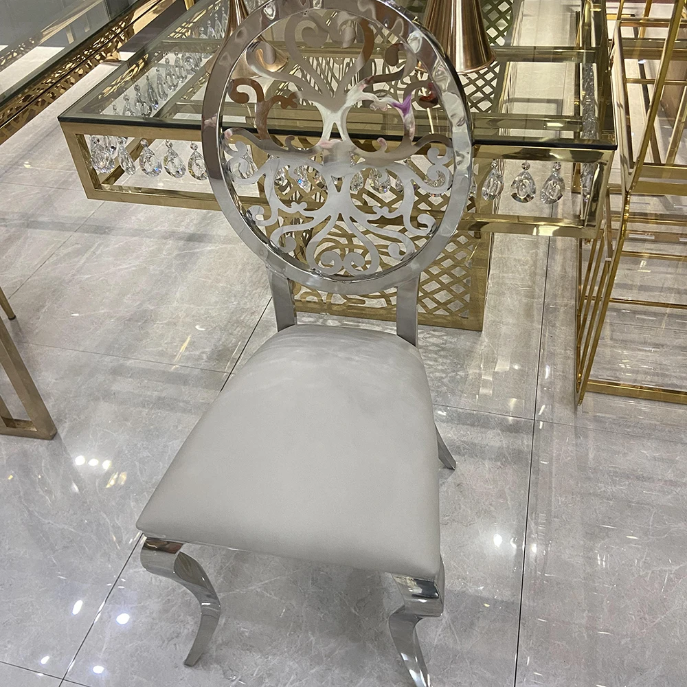 2024 New Design Round Back Gold White Leather Banquet Dinner Chair Stainless Steel Wedding Chair For Event Rental