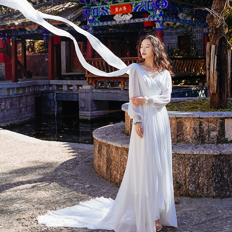Chiffon Trailing Lantern Sleeve Long Skirt Annual Party Dress Mopping Floating Dress
