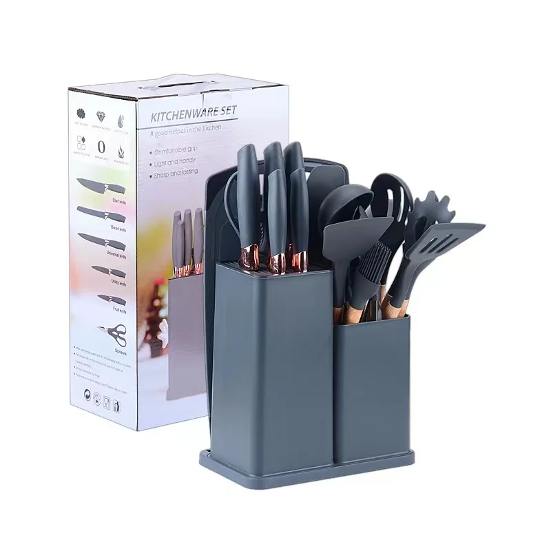 Classic Luxury 19 Pcs Silicone with Wooden Handle Kitchen Gadget Set With Cutting Board Kitchen Utensil Set