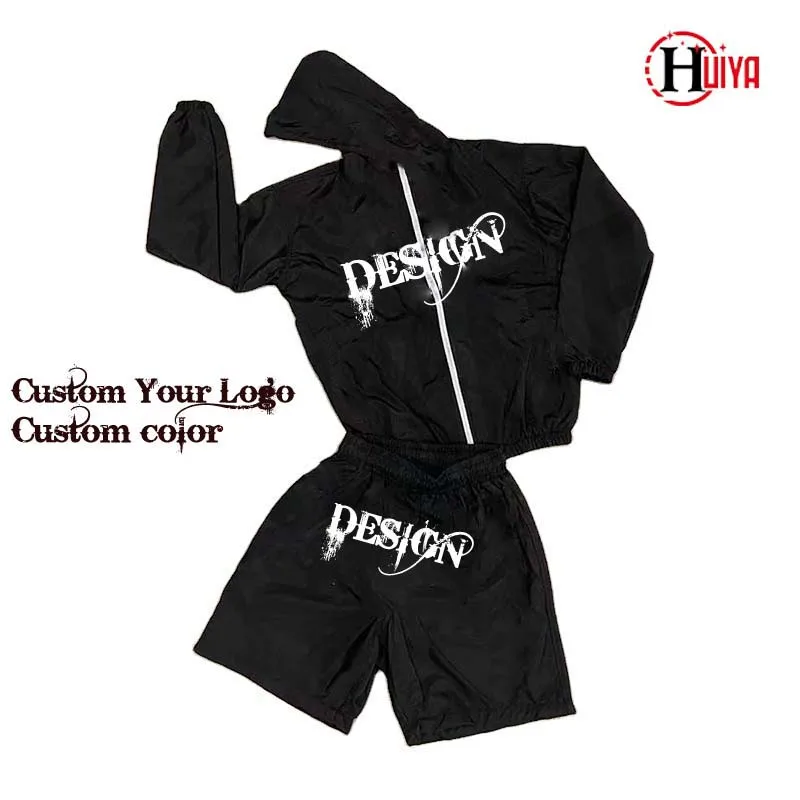 Custom Windbreaker Streetwear  2 Piece Shorts Jacket Tracksuit Nylon Reflective Zip Up Two Piece Windbreaker Tracksuit Men Sets