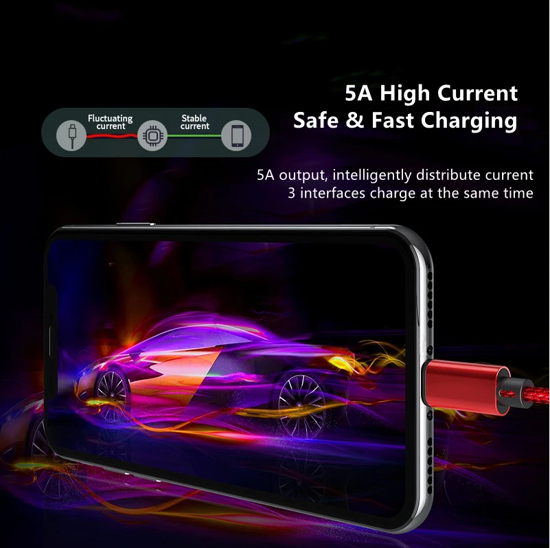 
3B2A 5A Fast Charging Usb Cable Nylon Braided Mobile Cell Smart Phone Charger Flexible Cable 3 In 1 For iPhone Type C Android 