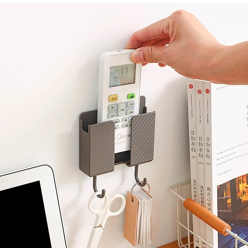 Wall Mounted Remote Control Holder Mobile Phone Storage Organizer Home Plastic Rack With 2 Hooks