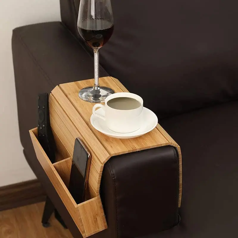 Sofa Arm Tray Table Bamboo Couch Arm Table with Flexible/Foldable Couch Cup Holder