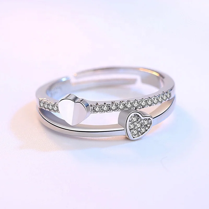 Hot Selling Items Jewelry Two Heart Adjustable Charm Ring Handmade Wholesale Women 92.5 Sterling Silver Open Heart Wedding Ring