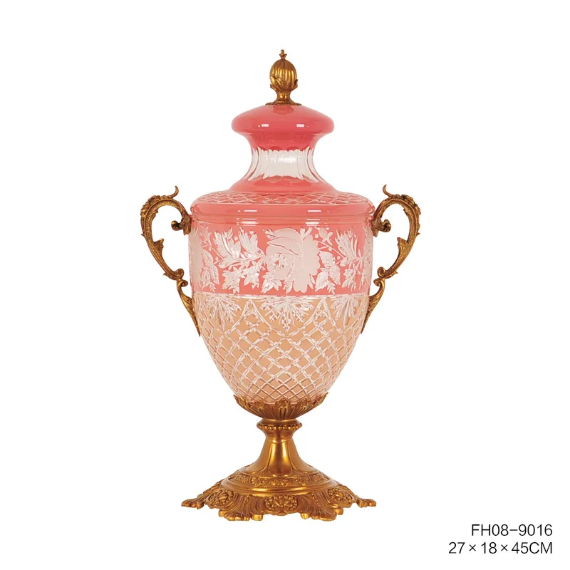 The Pink Glass Pieces with Gold Colored Brass with Design Bowl Vase with Lid for Living Room Home Decoration Ornament
