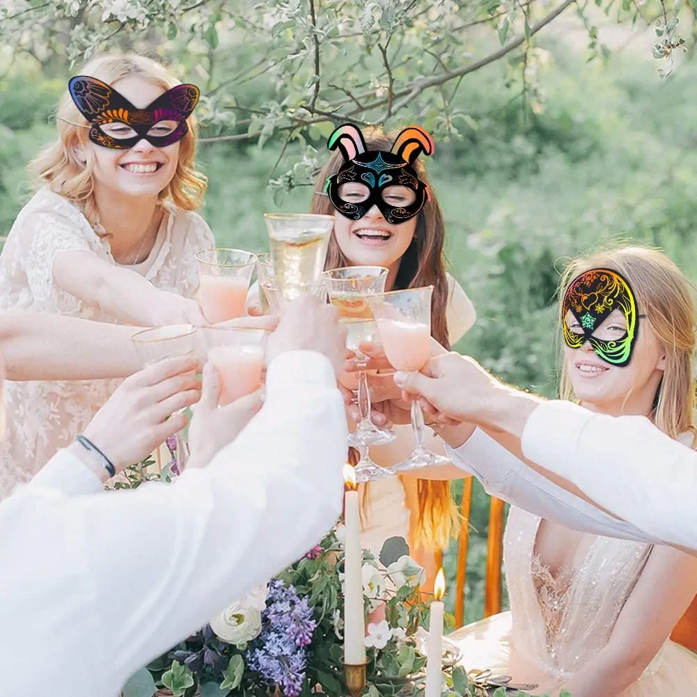 Magic Scratch Art Rainbow Scratch Paper Animal Masks Elastic Cords Scratching for Party Halloween Dress-Up