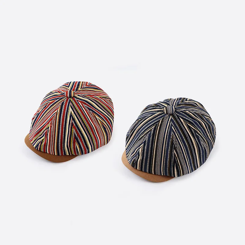 Autumn new womens retro vintage short brim newsboy cap striped british octagonal painter hat