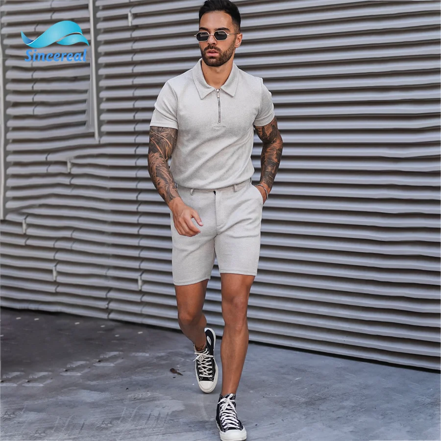 Custom logo summer Men Cotton Polyester casual Stretch fit grey textured fabric grey zipper premium Polo 2 piece shirt short set