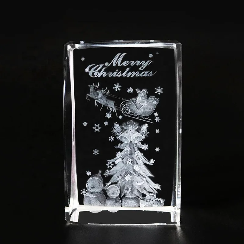 Custom Christmas Gifts 3D Laser Etched Christmas Tree Crystal Glass Santa Cube Crafts