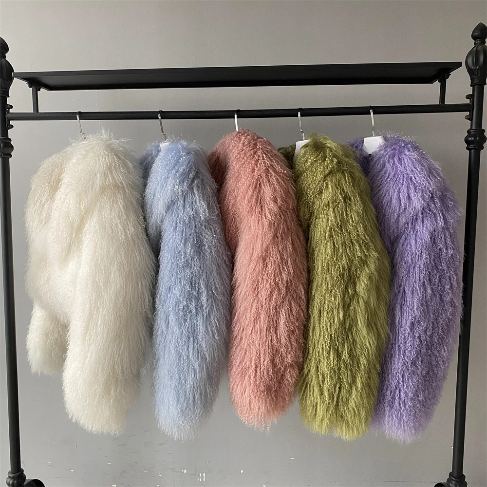 Fashion Fluffy Custom Color Thick Warm Natural Sheep  Fur Jacket Ladies Wholesale Winter Women Cropped Real Mongolian Fur Coat