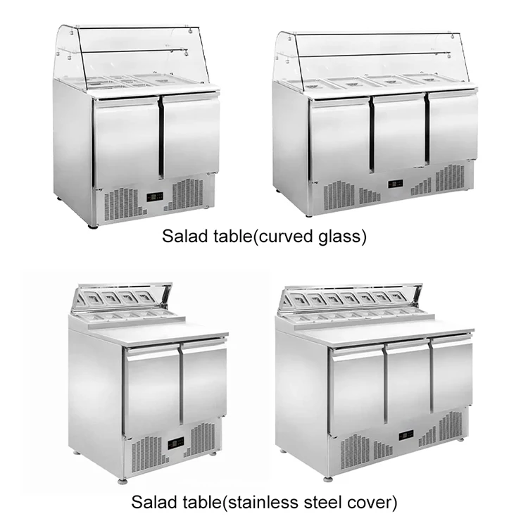 Industrial Pizza and Salad Workbench Cylinder Sandwich Prep Table Glass Cover Refrigerated Display Cabinet for Buffet