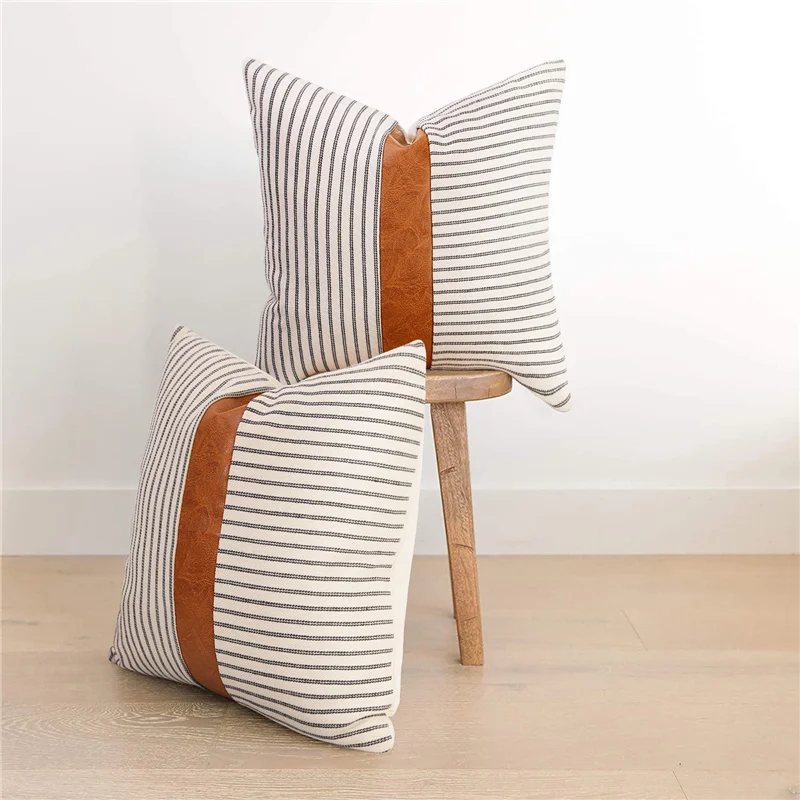 Современный светло-коричневая искусственная кожа акцент наволочки с декором в полоску стиле пэчворк льняная Подушка Covers18x18 дюйма темно-синего цвета