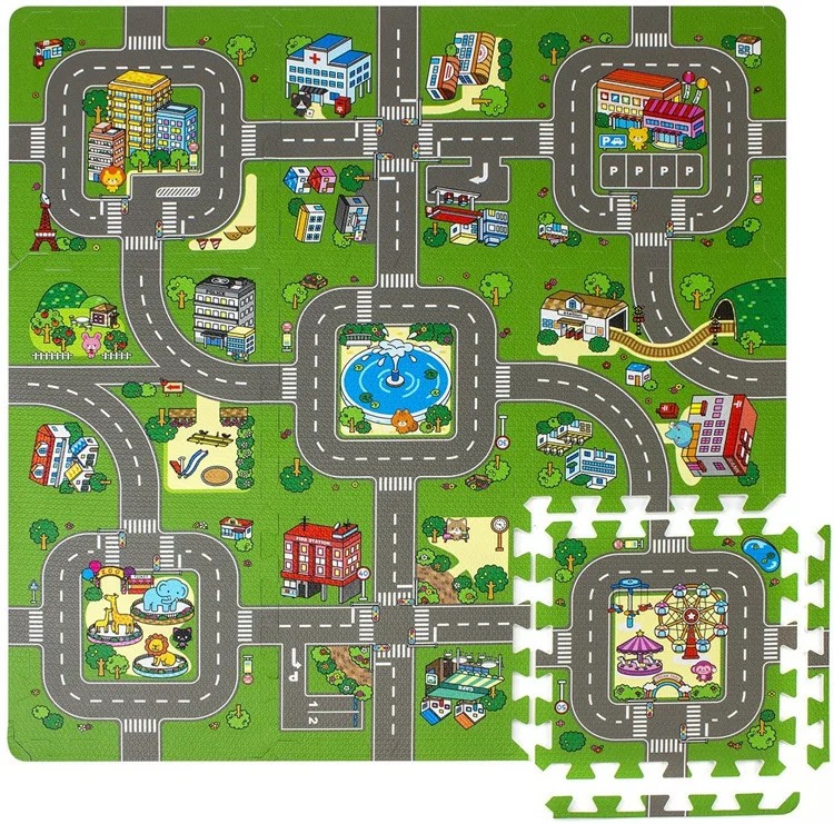 Non Toxic EVA Foam Tiles City Road Track Puzzle Mat Children Educational Play Mat Rug