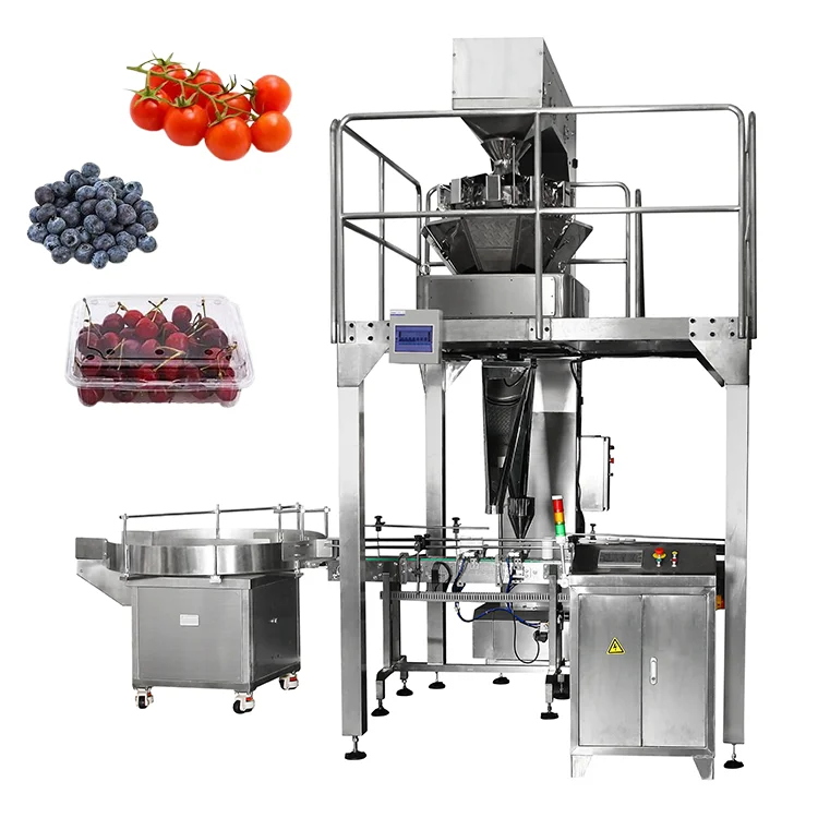 Automatic Multihead Weigher Weighing Sealing Cherry Plum Packaging Machine Plastic Box Tray Filling Line