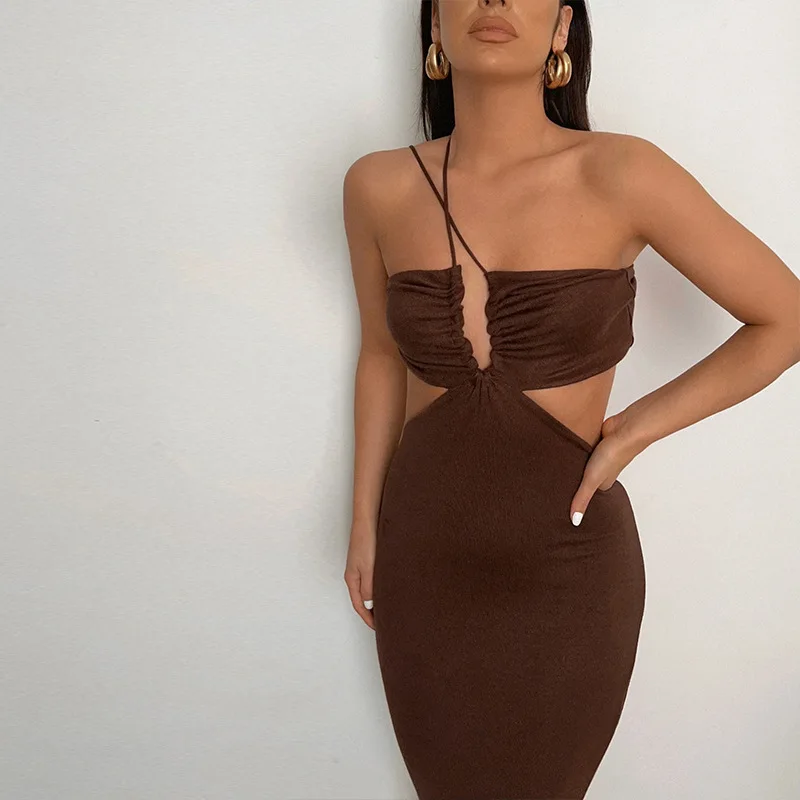 2022 Summer New Fashion Sexy Hollow Open Back High Waist Pleated Bandage halter strap Slim Casual Women Dresses