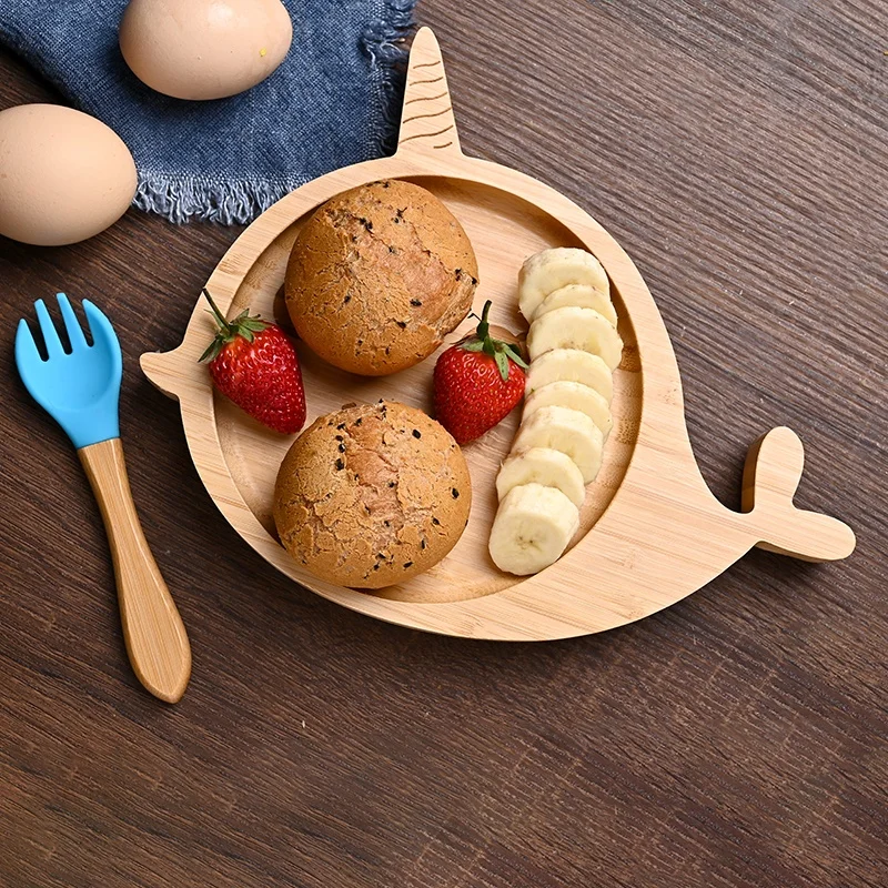Bamboo Plate with Silicone Suction Baby and Toddler Feeding Plate with Strong Suction Bamboo Narwhal Plate