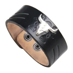 Europe And The United States  Men Leather Alloy Bull Head Punk Wide Leather Orange Bangle & Bracelet