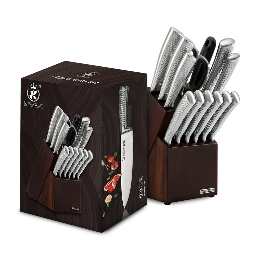 Kitchen King Amazon Hot Sale 14 pcs stainless steel kitchen chef knives set with wooden block serrated steak knives