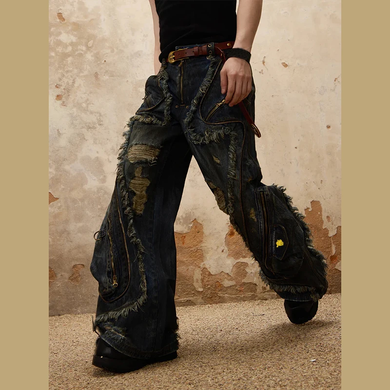 DIZNEW Custom 2024 Y2K heavy ripped jeans fringe design baggy jeans cargo pants with pockets for men and women