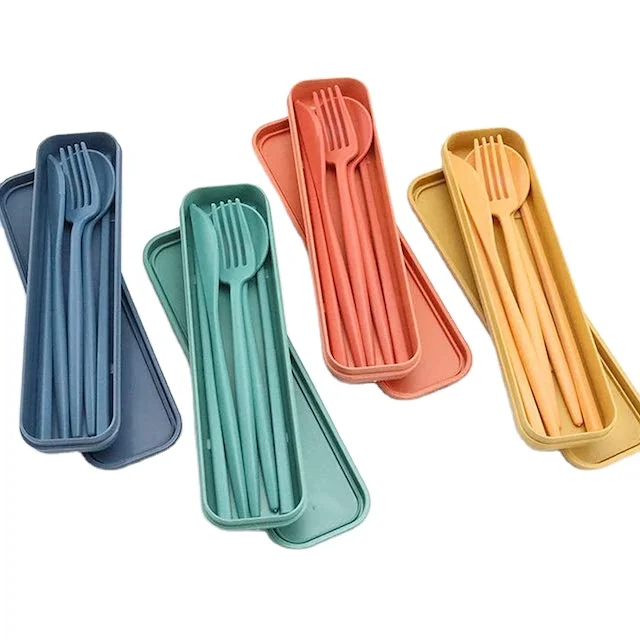 Reusable Fiber Dinnerware Sets Mixed Color Wheat Straw Plastic Cutlery