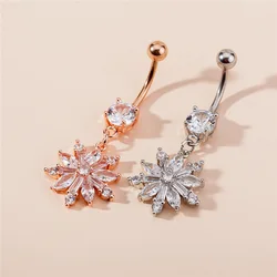 HOVANCI New Fashion Gold Plated Sexy Crystal Women Flower Belly Button Rings Jewelry Navel Piercing Rings with Clear Zircon