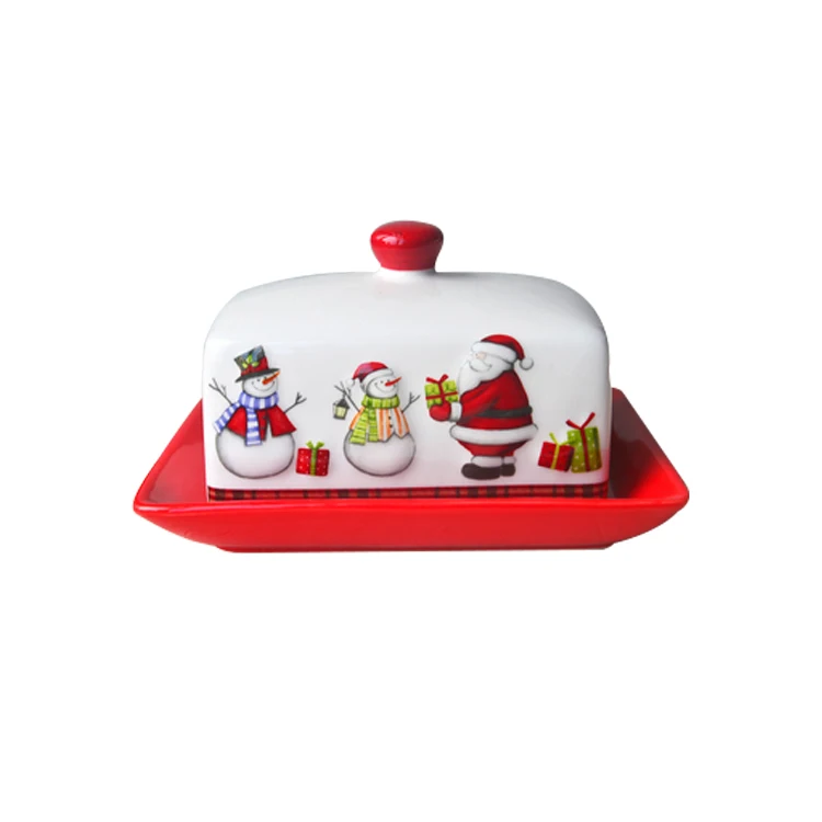 christmas decal ceramic porcelain white butter dish plate with lid