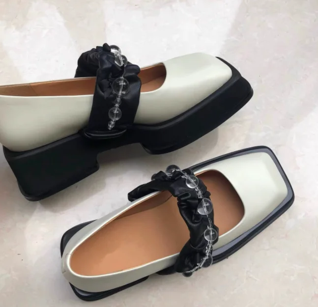 Square head Mary Jane shoes women retro thick heel thick bottom beaded white small shoes versatile sponge cake height shallow si