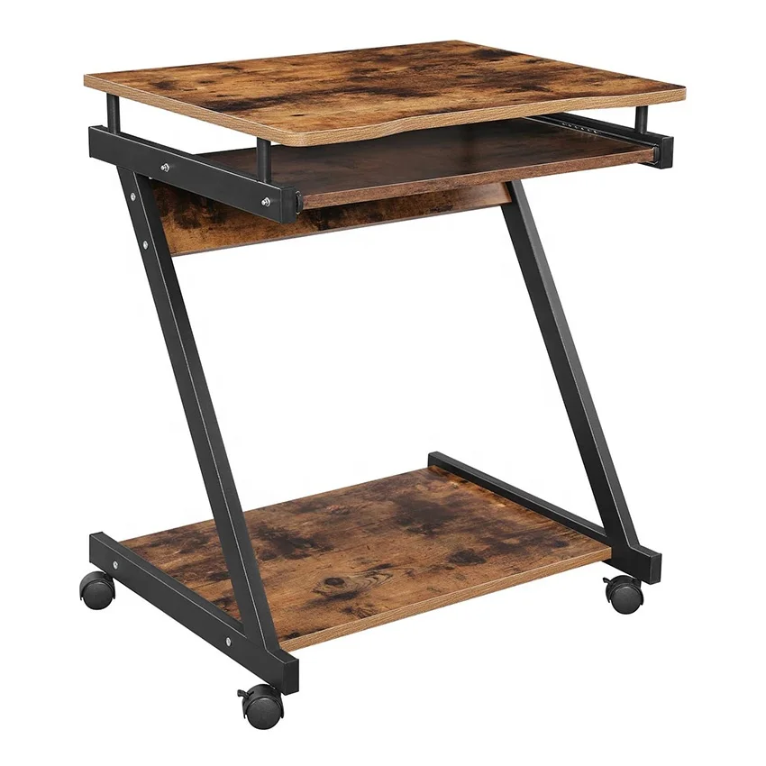 Modern Simple Design Portable Movable Trolley Workstation Home Office Z Shaped Metal Wooden 4 Wheels Computer Table