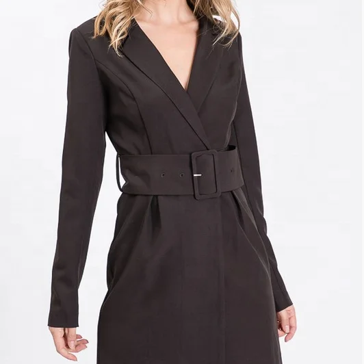 
2020 hot sale women office style black V collar long sleeve one-piece dress with belts 