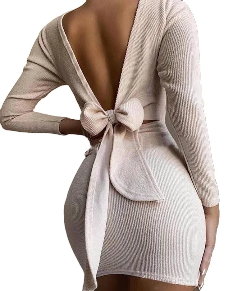 western fashion dresses outfitslong sleeve back open bow sexy mini dress women