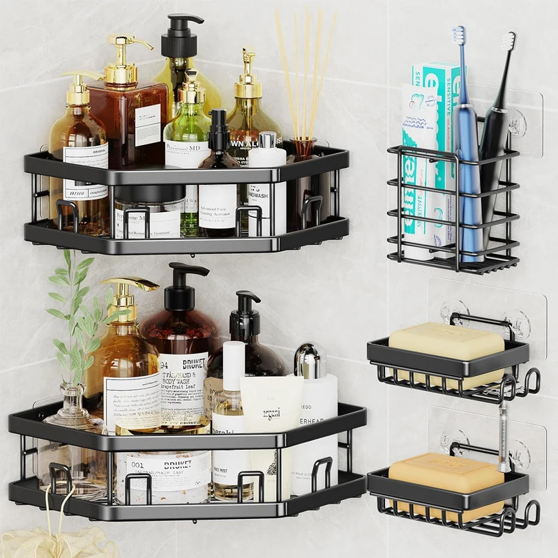 Shower Caddy Corner 2 Pack Triangle Shower Rack, Easy Installation, tier hanging shower caddy mounted black bathroom shelves