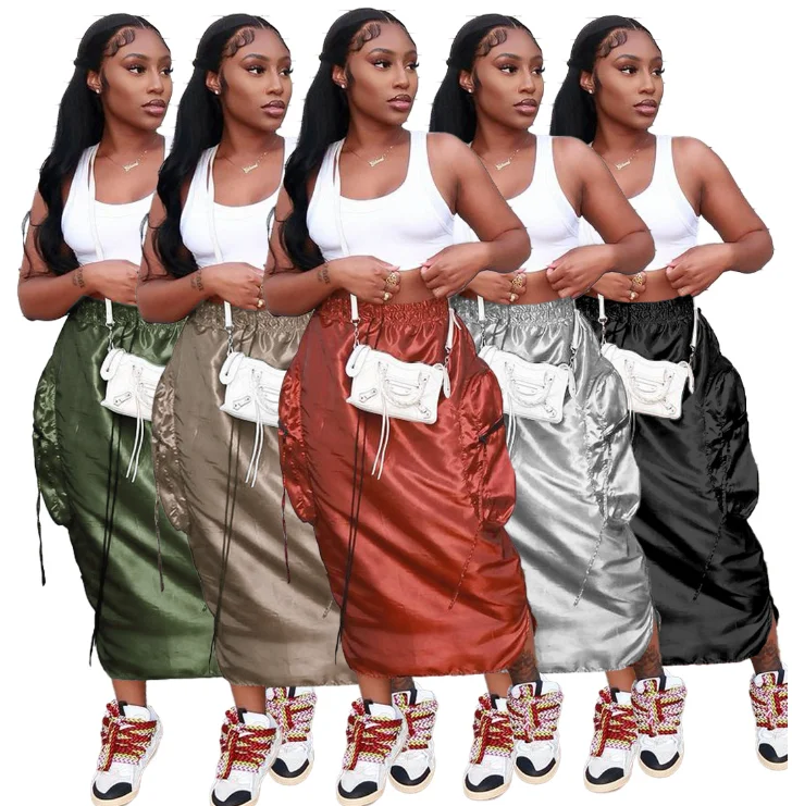 Casual streetwear pockets cargo maxi skirt women clothing 2022 fall high waist solid Reflective thai silk satin long skirt dress