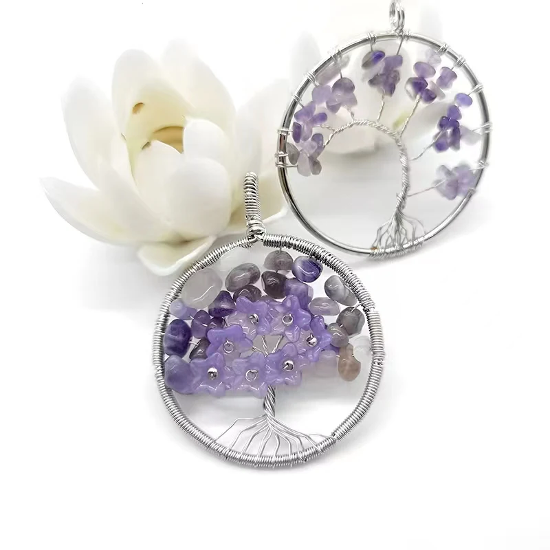 Tree of life Chakra Jewelry Pendants Natural Amethyst Rose Quartz Chakra Crystal Gemstone Necklace Pendant