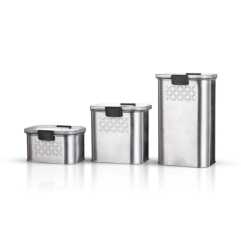 rectangular square stainless steel metal food coffee storage jar container box set with plastic lid