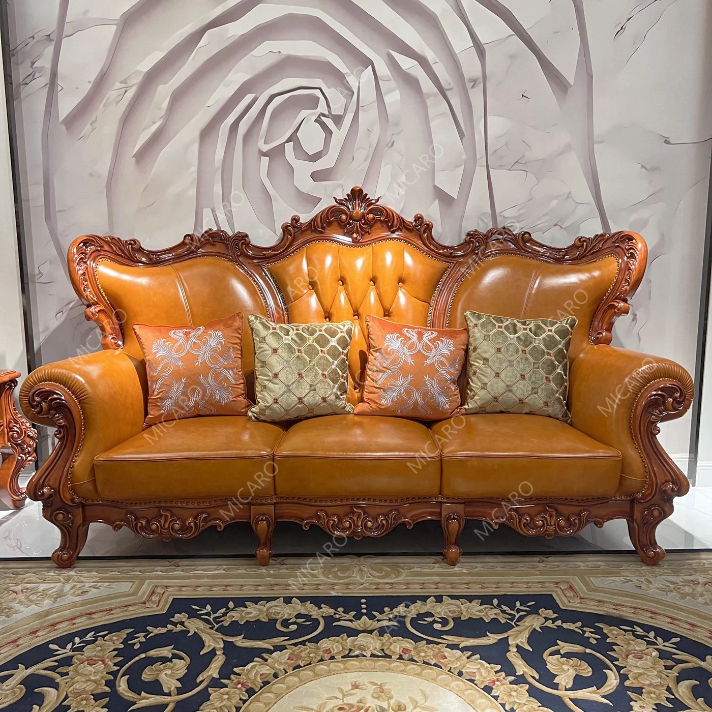 Luxury European classic antique living room furniture couches solid wood genuine leather sofa set