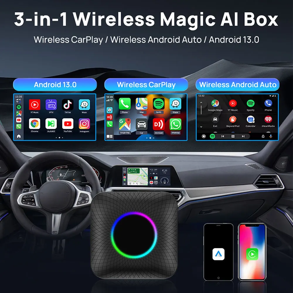 Tbox-led 4G SIM-карта carplay ai box android 13 4GB + 64GB Qualcomm QCM6225 чипсет 3 в 1 беспроводная автомобильная игровая Магическая коробка