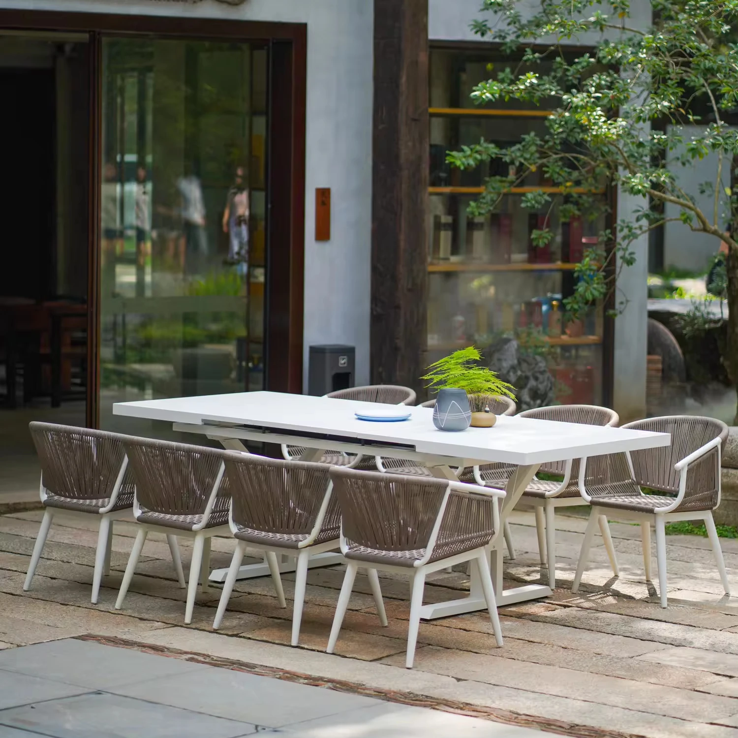 Aluminum extension garden outdoor table 180-243cm with PE rattan chair 4 or 8 seaters waterproof patio spreading furniture set