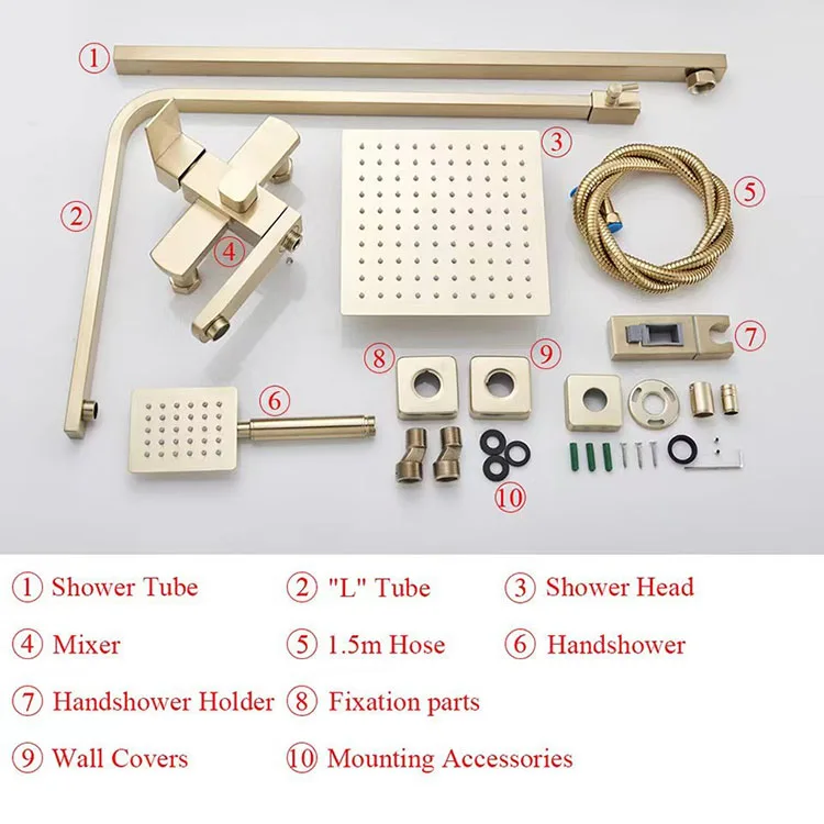 Kaiping factory douche shower mixer set bathroom 304 stainless steel square brushed gold shower set