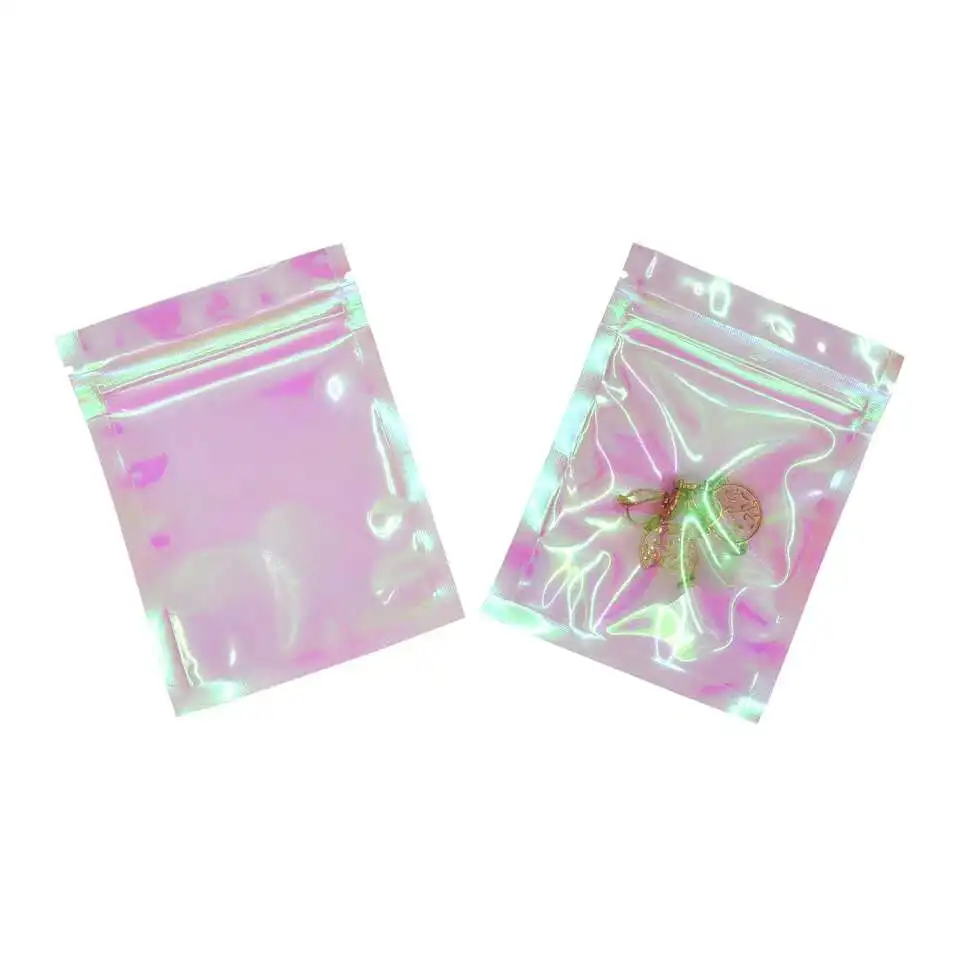 100 Pcs Iridescent Zip lock Bags Pouches Cosmetic Plastic Laser Bags Holographic Makeup Hologram Zipper Bags for Food Storage