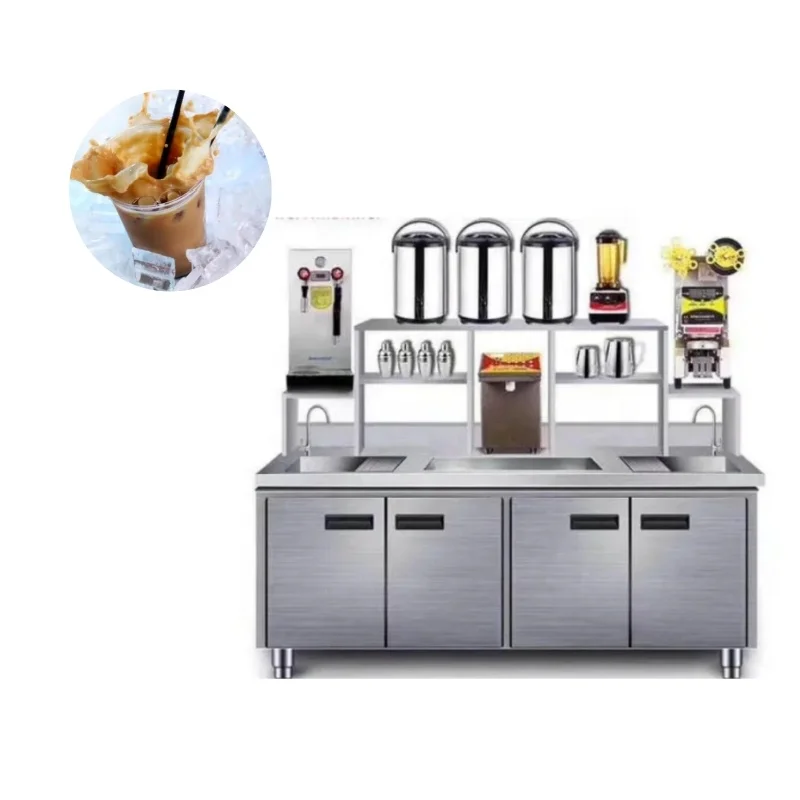 Customizable commercial bubble tea preparation bar, milk tea shop machine multiple sizes  refrigerated workbench with sink